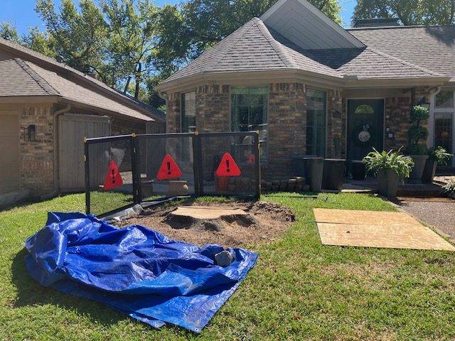 Front-yard stump prepped with tarps and safety screens before grinding